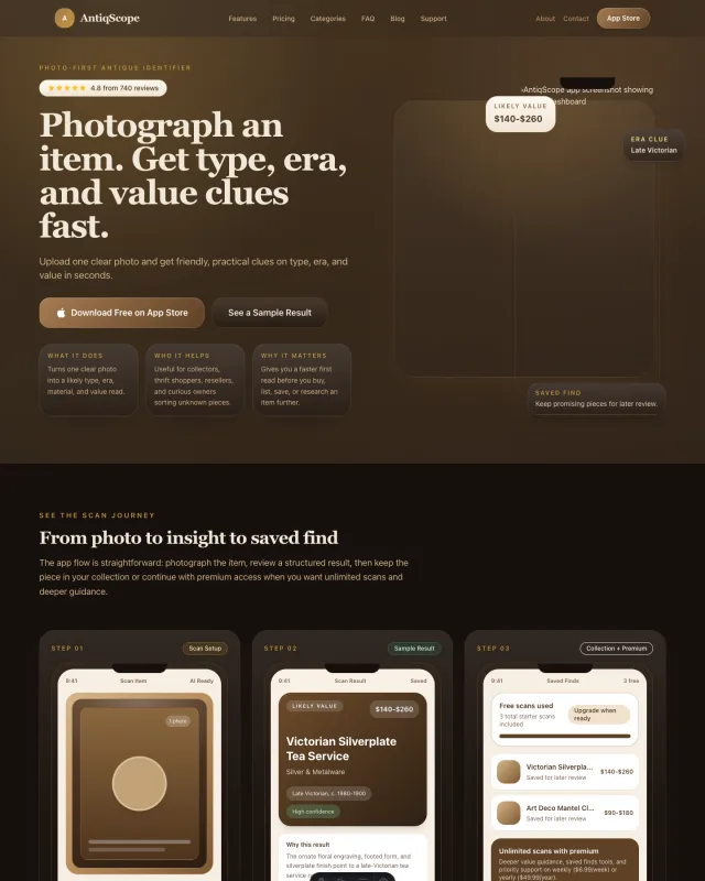 AntiqScope app screenshot showing the main dashboard